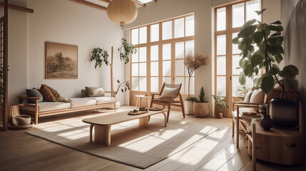 Japandi Style Interior Design, Bright and Light Living Room Photography with High Ceilings and Calming Natural Decor and Styling - Generative AI