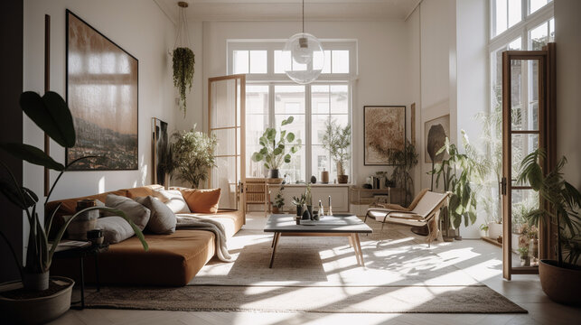 Japandi Style Interior Design, Bright and Light Living Room Photography with High Ceilings and Calming Natural Decor and Styling - Generative AI
