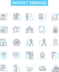 Dentist services vector line icons set. Dentist, Services, Teeth, Cleaning, Fillings, Extractions, Orthodontics illustration outline concept symbols and signs