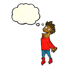 cartoon drenched man flying with thought bubble