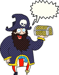comic book speech bubble cartoon pirate captain with treasure chest