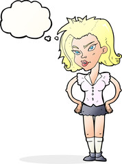 cartoon woman with hands on hips with thought bubble
