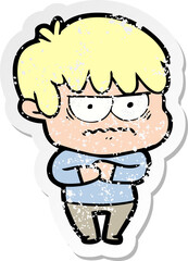 distressed sticker of a annoyed cartoon boy