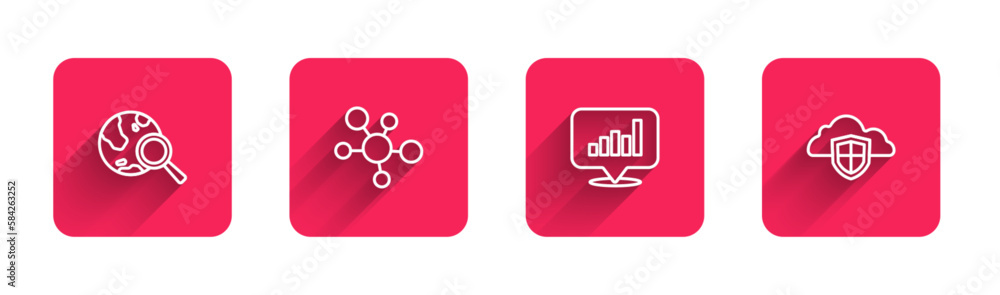 Poster set line search globe, mind map infographic, pie chart and cloud and shield with long shadow. red sq