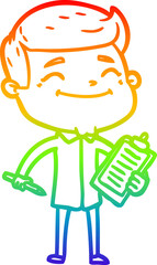 rainbow gradient line drawing happy cartoon man taking survey