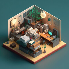 Office isometric diorama, desk, workplace with computers, generative ai