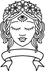 black linework tattoo with banner of female face