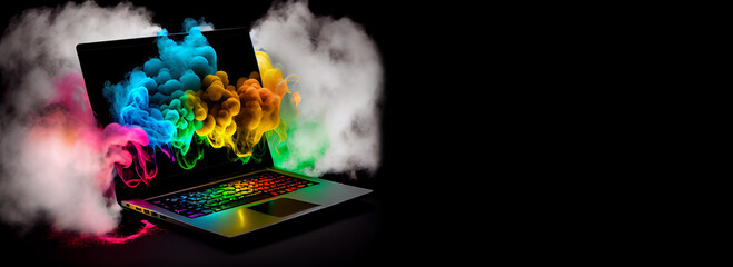 An image of a laptop with colorful smoke coming out of it. Generative AI