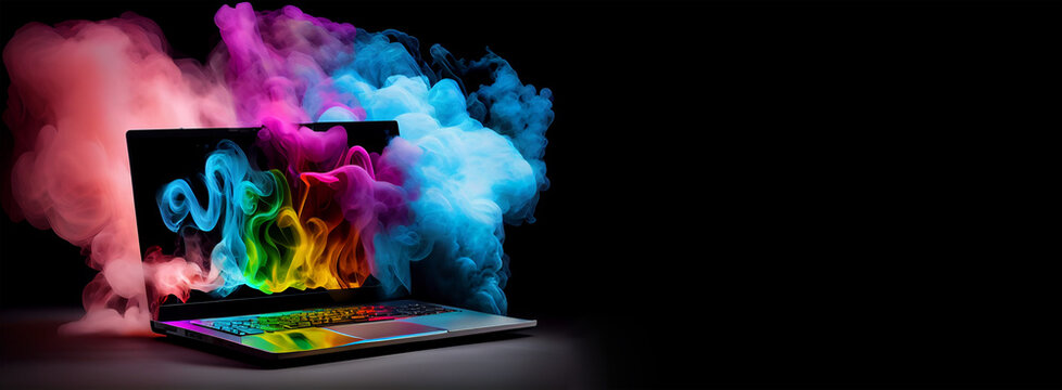 An image of a laptop with colorful smoke coming out of it. Generative AI