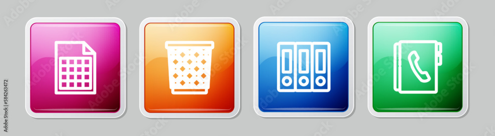 Poster set line file document, trash can, office folders and address book. colorful square button. vector