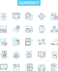 Currency vector line icons set. Money, Coin, Dollar, Euro, Yen, Pound, Franc illustration outline concept symbols and signs