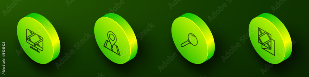 Poster set isometric line monitor with location marker, location, push pin and folded map icon. vector