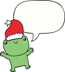 cute cartoon frog wearing christmas hat and speech bubble