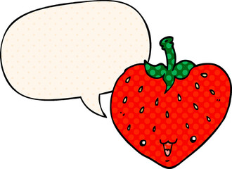 cartoon strawberry and speech bubble in comic book style
