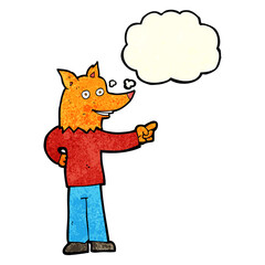 cartoon fox man pointing with thought bubble