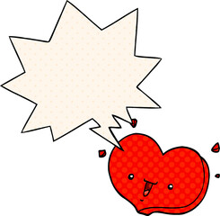 cartoon happy love heart and speech bubble in comic book style