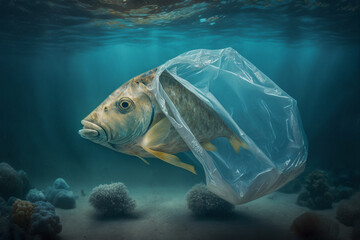 Fish in a plastic bag. Water pollution concept. ecological problems. Waste in the ocean. Rubbish in nature. generated ai