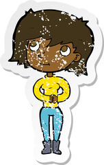 retro distressed sticker of a cartoon friendly woman