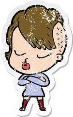 distressed sticker of a cartoon pretty hipster girl