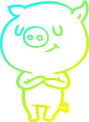 cold gradient line drawing happy cartoon pig