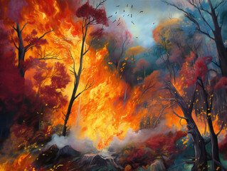 intense forest fire scene, captivating blaze and smoke art, eco disaster, generative AI