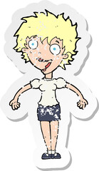 retro distressed sticker of a cartoon excited woman