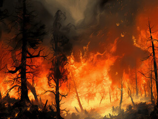 forest engulfed in flames, captivating fire illustration, environmental concerns, generative AI