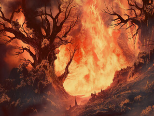mesmerizing forest fire art, blazing trees and smoke, ecological crisis, generative AI