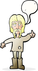 cartoon hippie man giving thumbs up symbol with speech bubble