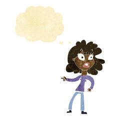 cartoon worried woman pointing with thought bubble
