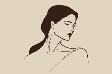 Line art drawing of beauty model. Simple vector drawing. Sketch portrait of graceful girl. Abstract concept. Modern style. Elegant decorative silhouette. Trendy outline. Boho print. Female fashion.