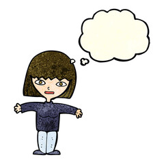 cartoon woman with open arms with thought bubble