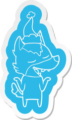 cartoon  sticker of a wolf laughing wearing santa hat