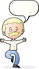 cartoon dancing man with mustache with speech bubble