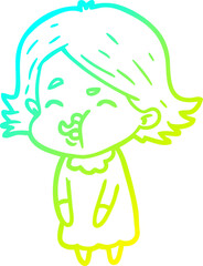 cold gradient line drawing cartoon girl pulling face