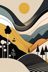 Abstract landscape illustration with forest, mountains, hill, tree. Curve nature shapes, Mid-Century Modern style. Generative AI.