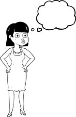 thought bubble cartoon woman in dress with hands on hips