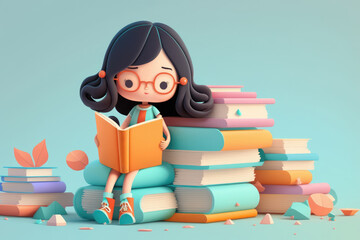 Plakat A little girl reading a book on a light background. Generative AI