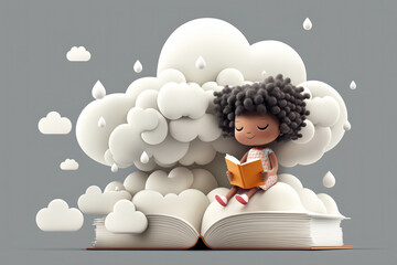 Fototapeta na wymiar A kid lost in a book, sitting on a giant white cloud against a light background. Generative AI