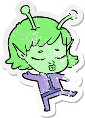 distressed sticker of a cartoon alien girl