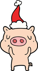 line drawing of a content pig wearing santa hat