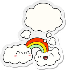 happy cartoon clouds and rainbow and thought bubble as a printed sticker