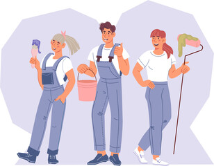 Team of workmen for house renovation and repair service. Repairman, masters and painters characters.
