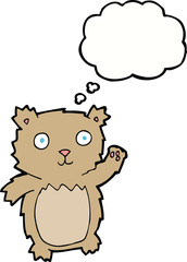 cartoon waving teddy bear with thought bubble