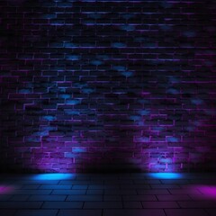 Empty brick wall with neon lighting from blue and purple spots