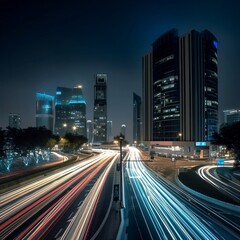 Fototapeta na wymiar Urban Cityscape with light trails from cars during night time