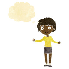 cartoon confused woman with thought bubble