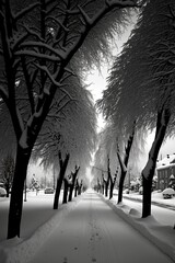 Winter Wonderland: Street Lined with Trees Covered in Snow, Generative AI