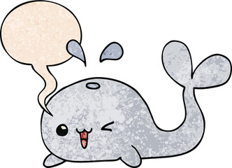 Fototapeta premium cartoon whale and speech bubble in retro texture style