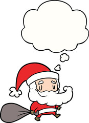 cartoon santa claus with sack and thought bubble